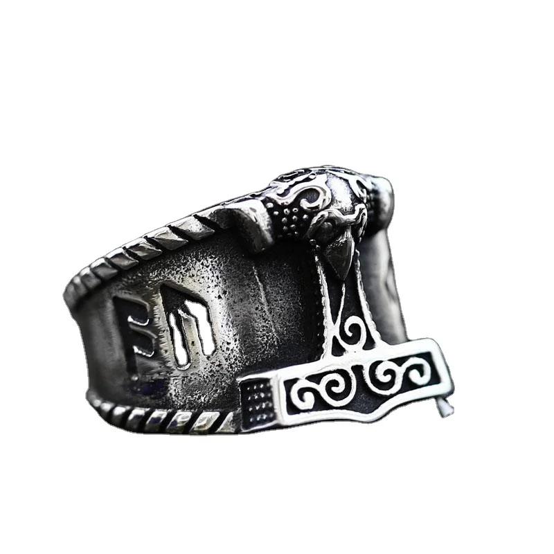 

custom 2021 new creative stainless steel vintage axe thorn's hammer rune viking rings for men women, Anti silver