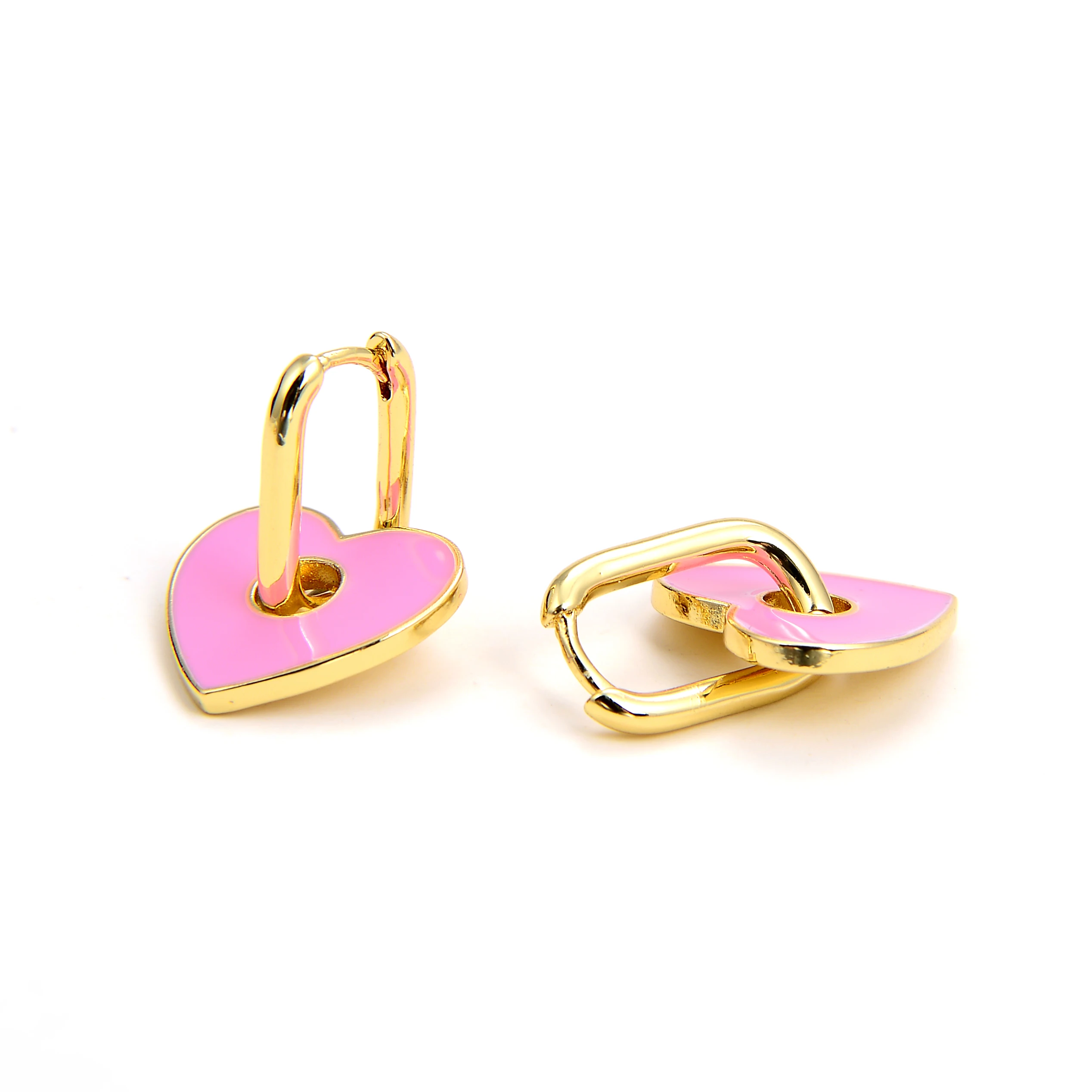 

Top quality jewelry 14k gold plated copper rectangle drip oil pink heart-shaped charm ladies stud drop earrings