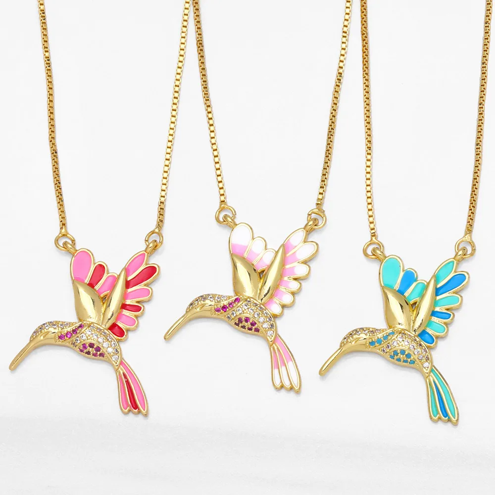 

Lovely Bird Necklace Diamond Colorful Enamel Hummingbird Bird Animal Feather Pendant Charm Necklaces