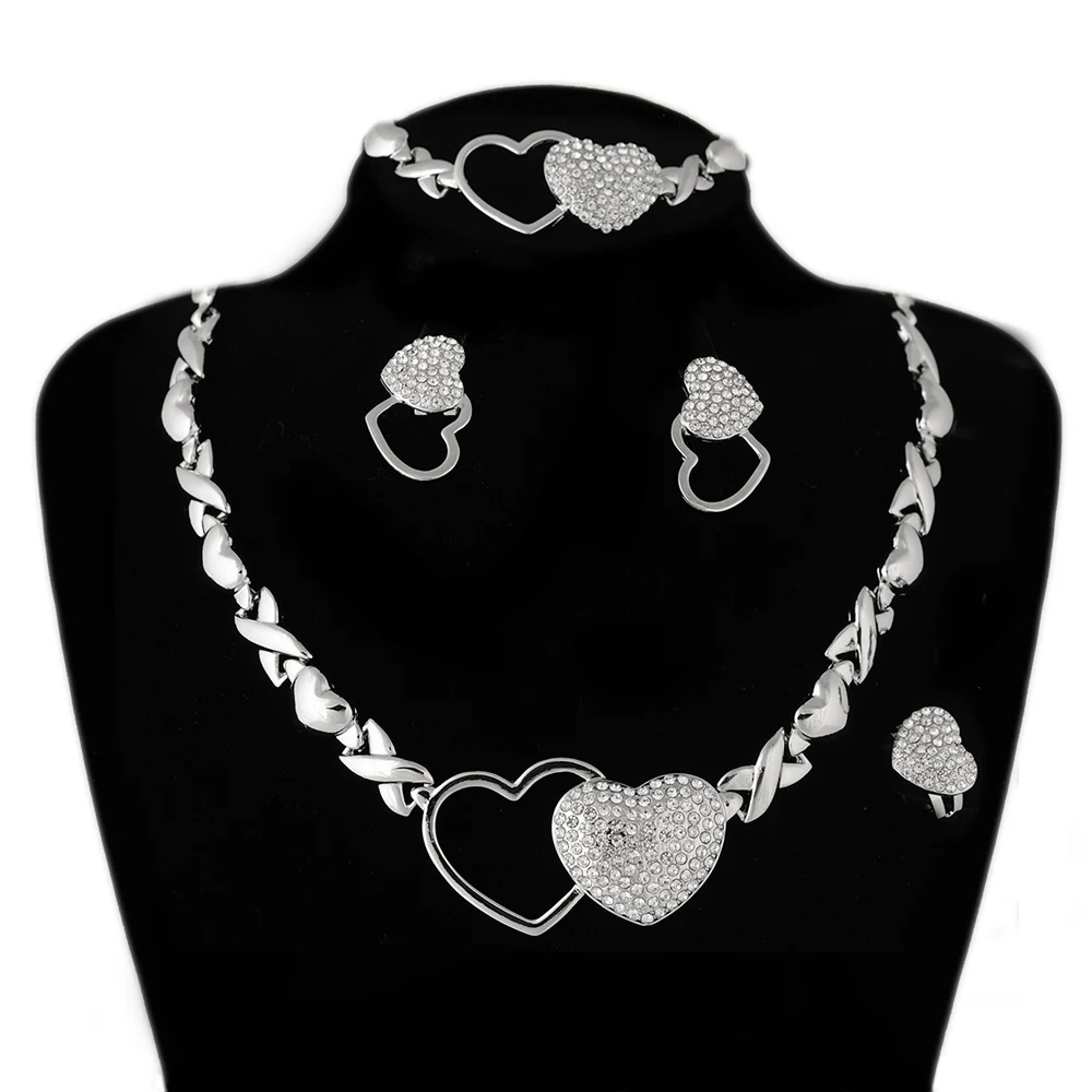 

BPOYB Hot Sale Charms Big Double Heart Silver Xoxo Chunky Necklace Set Four Piece Jewelry For Women Gift Fatory Wholesale