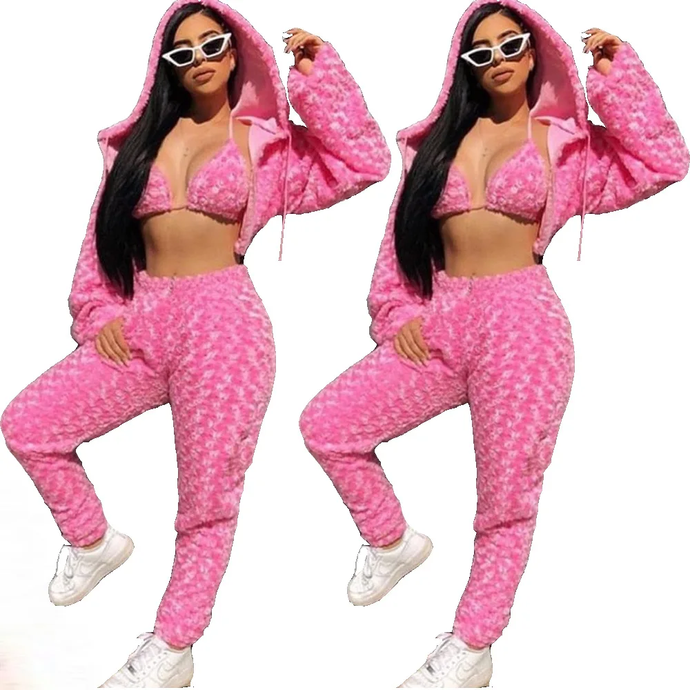 

Hairy Pink Sexy 3 Piece Set Women Clothes 2021 Streetwear Rave Party Clothes Nightclub Fashion Outfits Matching Sets Women