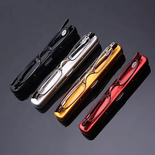 

Fashion Small Mini Slim Metal Stainless Steel Reading Glasses with Pen Tube Aluminum Case, Customize color