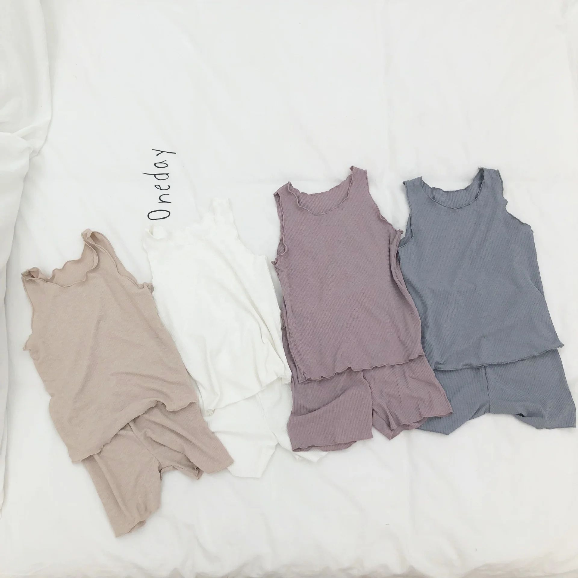 

B60757A 2019 summer ultra-thin home wear two-piece baby vest and pants for boys and girls, White/rice/purple/gray and blue