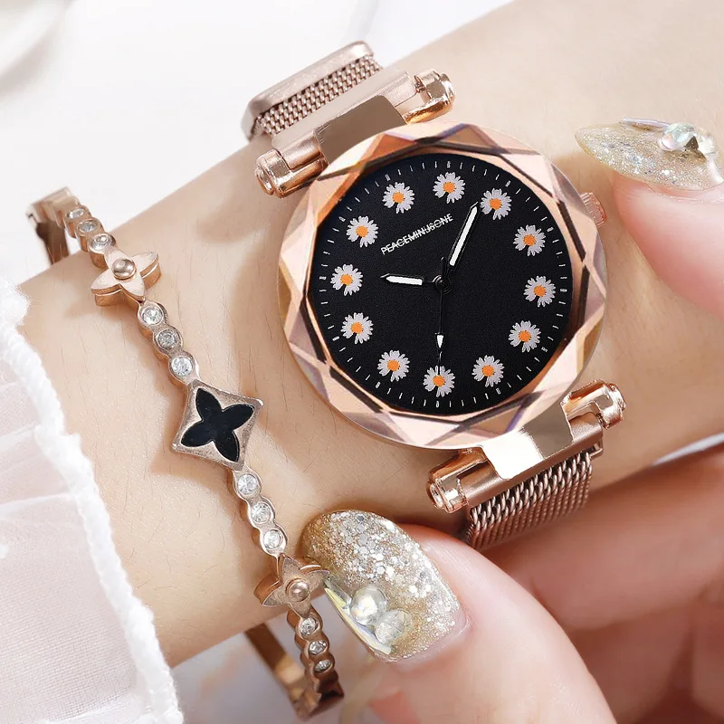 

New Women's Watch Creative Daisy Starry Sky Ladies Quartz Watch Alloy Strap Cheap Factory Sales Price For Women Gift, Rose gold