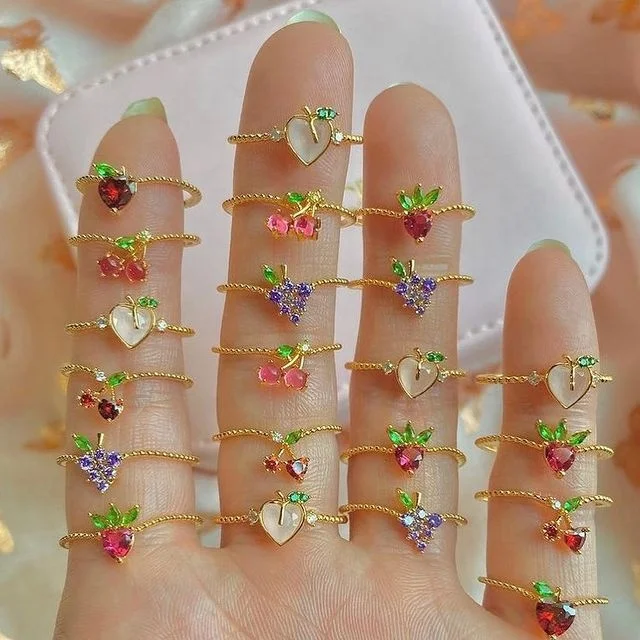 

2021 New Tropical Sweet Crystal Apple Strawberry Cherry Grape Butterfly Rings Women Cute Fruit Gold Ring Party Jewelry Gifts