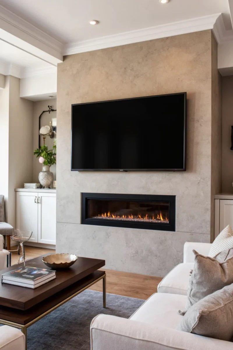 Motorized TV lift mechanism raising screen from fireplace hearth