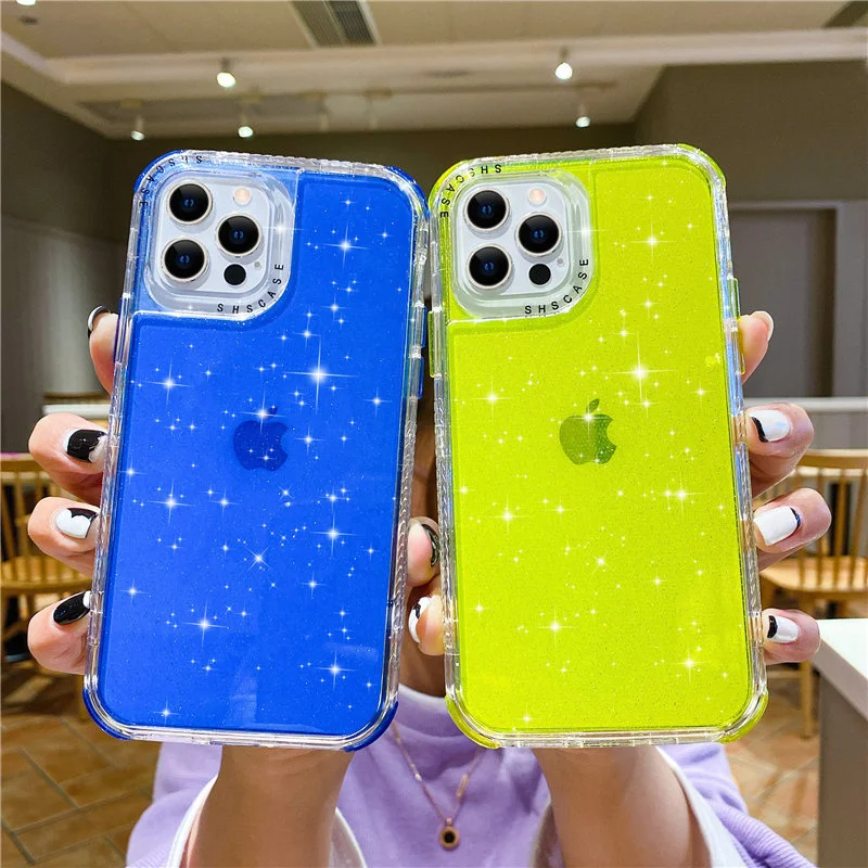 

Factory Wholesale Neon Clear Hybrid Armor Shockproof Glitter Cell Phone Case for iPhone 11 12 13, Rose,yellow,white,blue