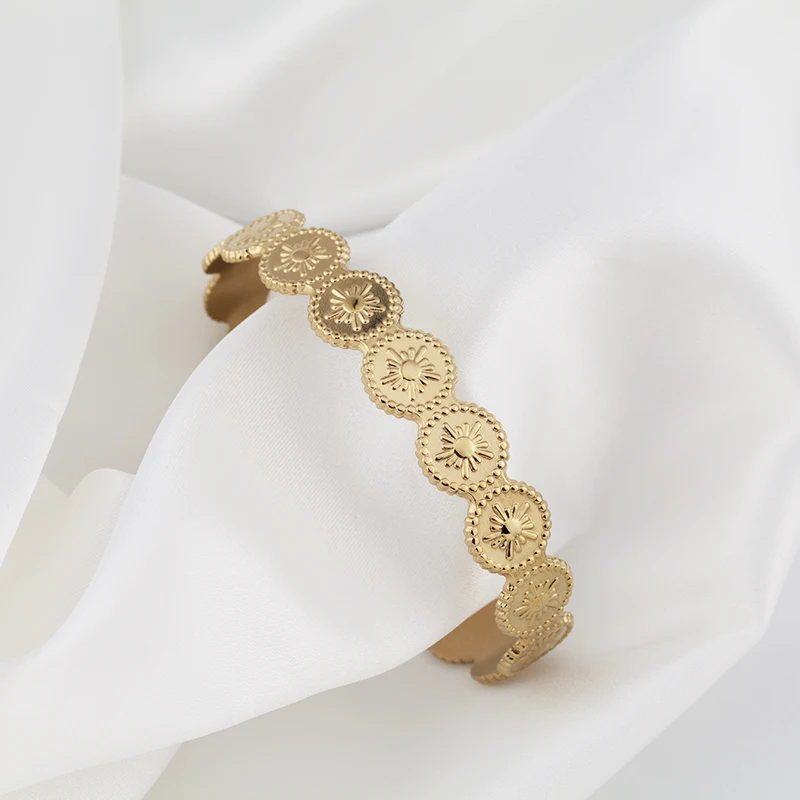

Retro 18K Gold Plated Adjustable bracelet charm bangle Sun Star Hexagram stainless steel bangle women, Steel/gold