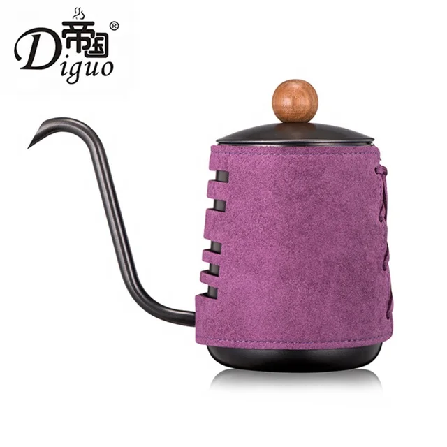 

Amazon Hot Sale 350ml 12Oz Stainless Steel Purple Leather Wrapped Pour Over Coffee Tea Goose Neck Kettle