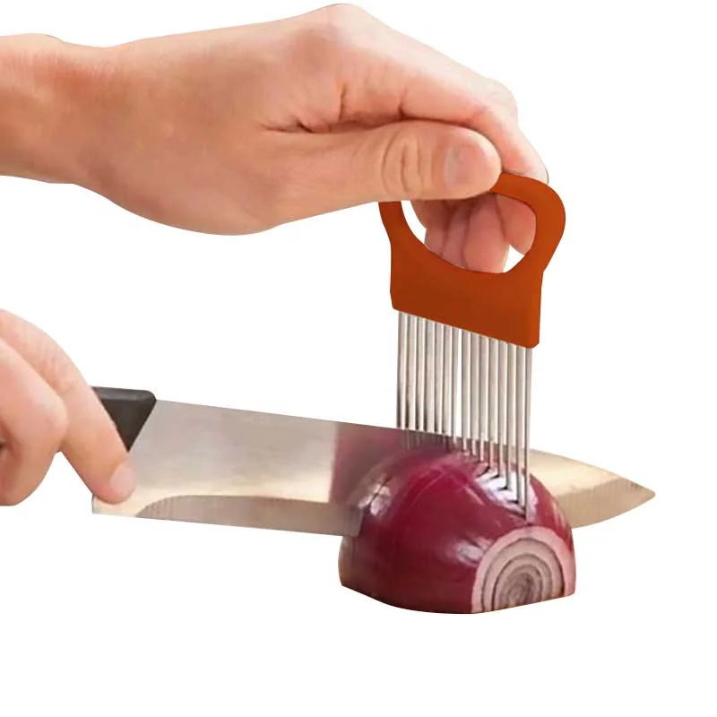 

Muti-Function Durable PP Stainless Steel Cutting Aid Lemon Onion Holder Slicer Potato Slices Tools For Kitchen, Blue, white, green, orange