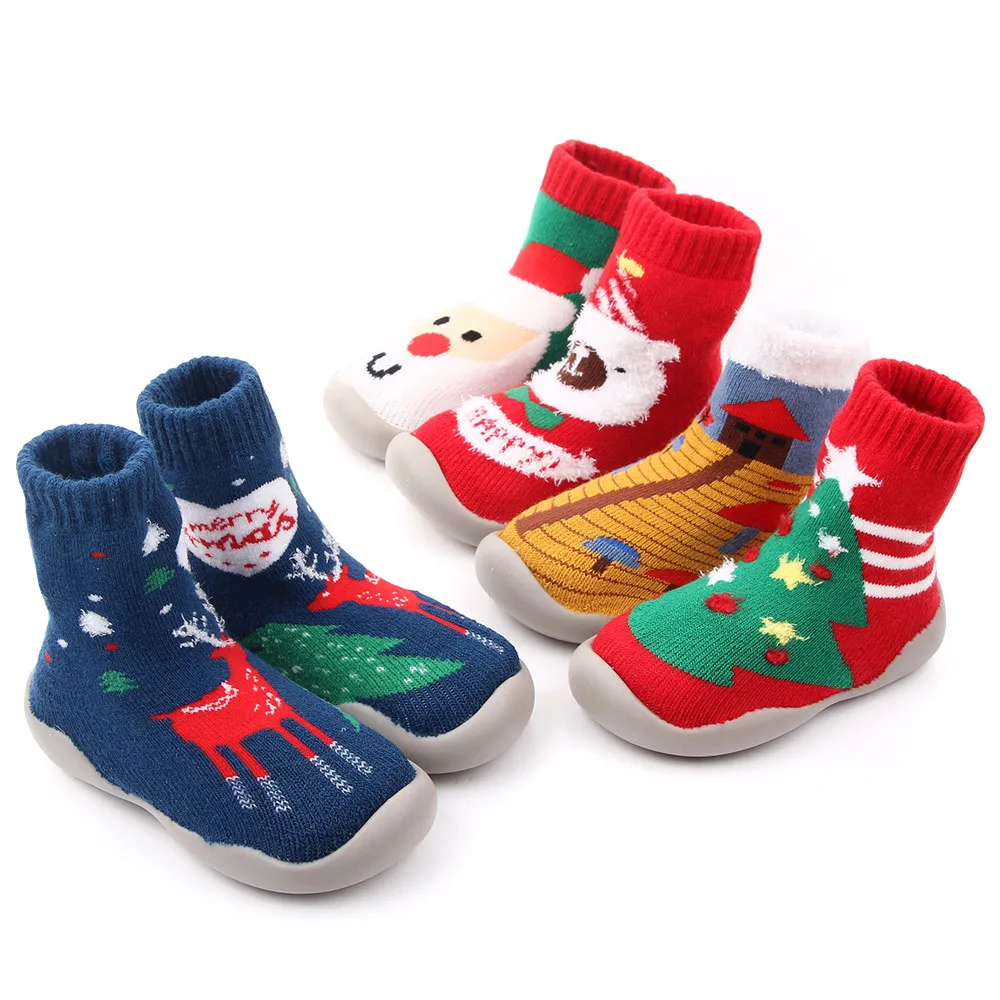 

2020 Merry Christmas cotton sock rubber sole Walking boy girl baby sock shoes, 5 colors