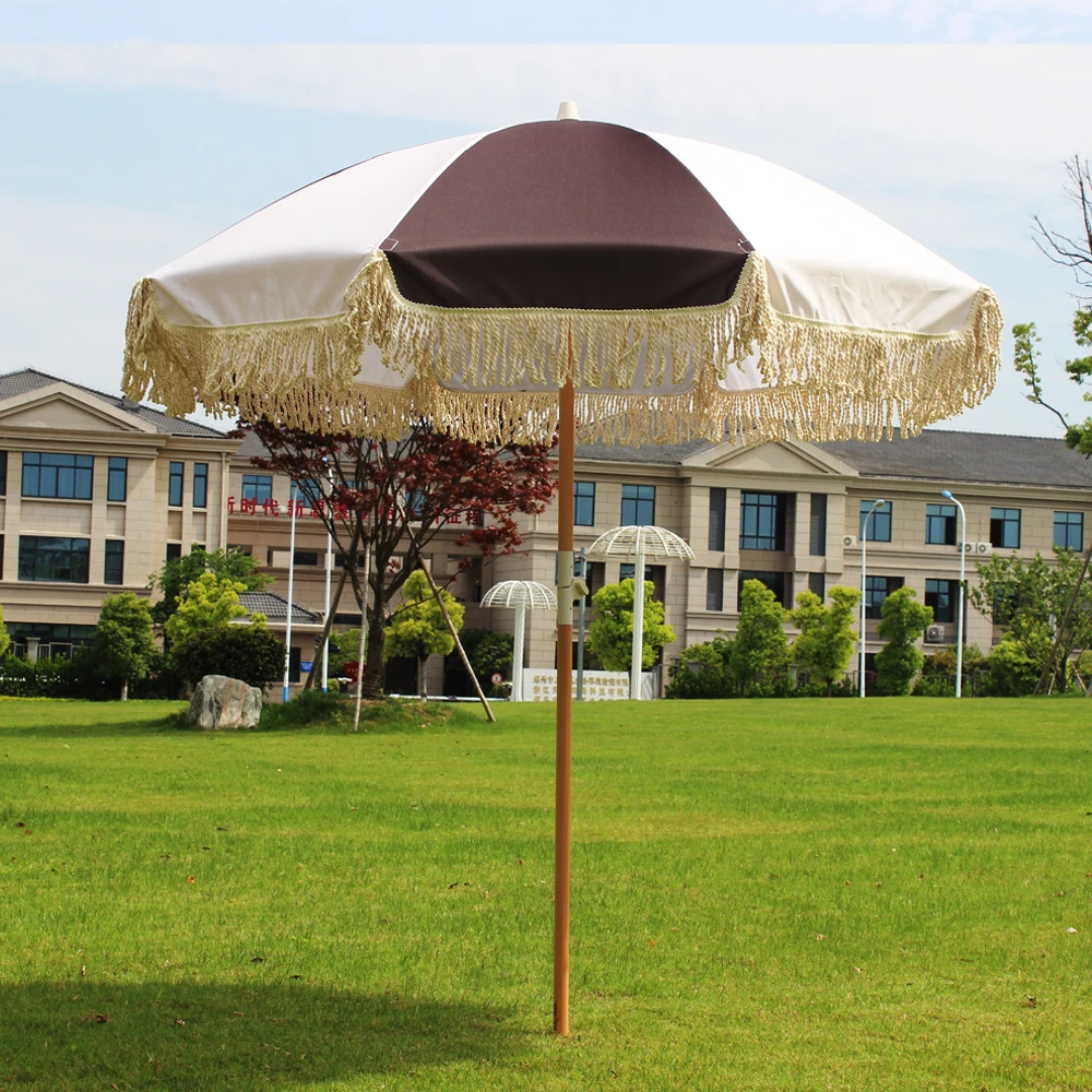 

2021NEW HOT Korea Newzland Wooden pole with tilt Morden luxury High Quality Beach Umbrella With Tassels, Customized color