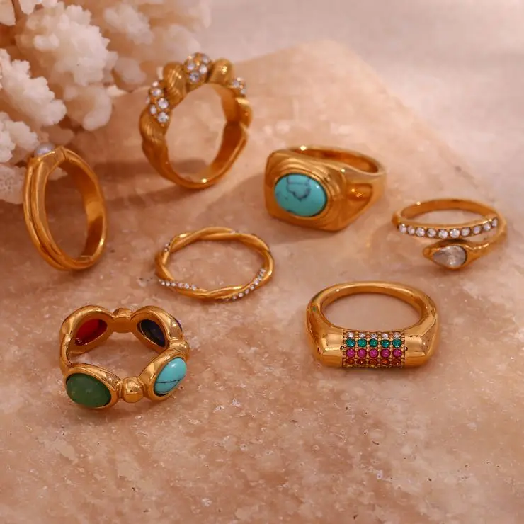 

Fashion Jewelry Rings 18K Gold Plated Stainless Steel Vintage Natural Turquoise Ring For Women Girls