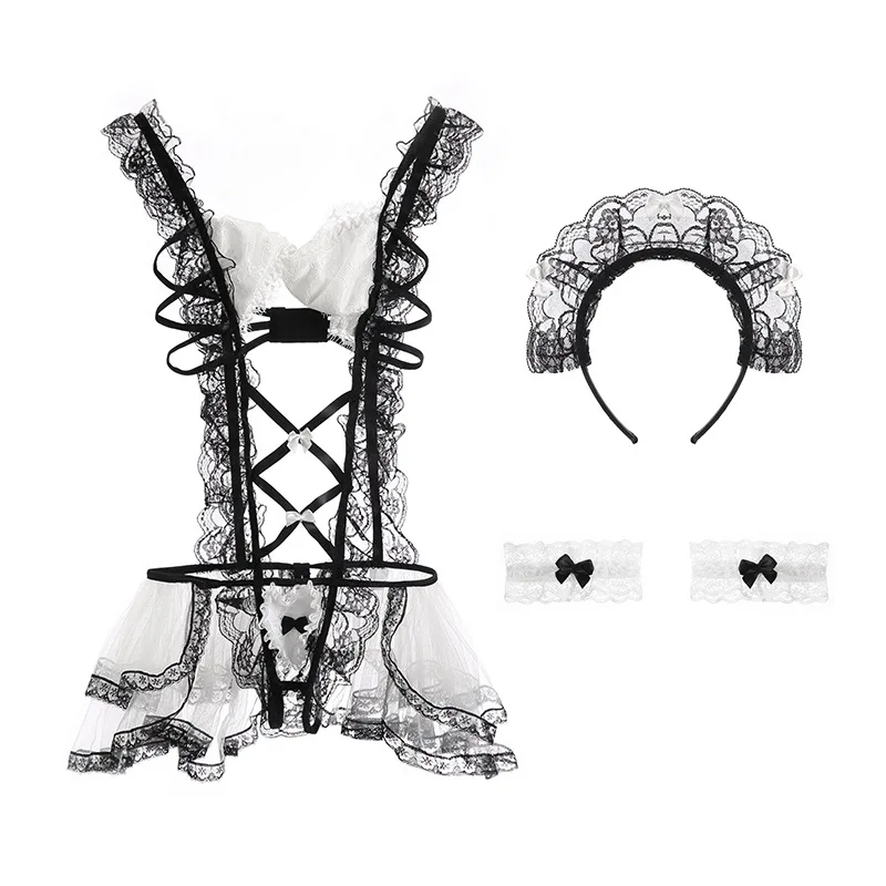 

2021 High Quality Open Crotch Sexy Lace Maid Cosplay 3Pcs Set Lingerie, As pictures