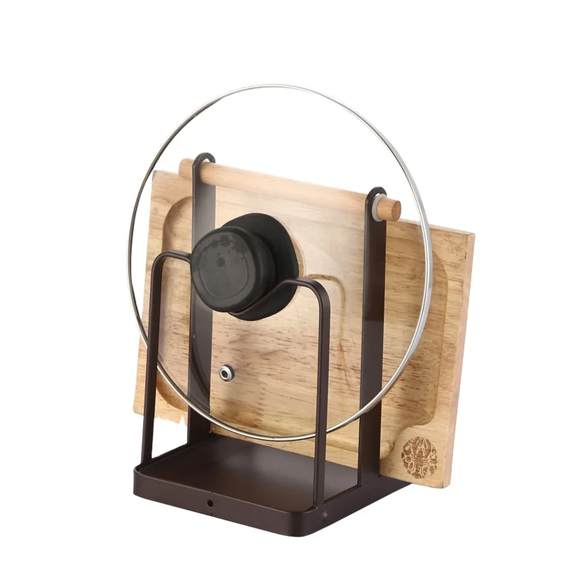

wholesale Kitchen steel shelf cutting board pot lid storage draining rack cutting board rack pot lid rack with wood handle