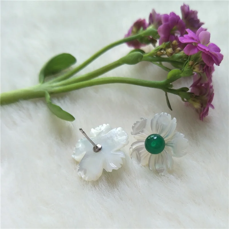 

Wholesale custom fashion women 925 silver stud natural agate mother of pearl flower earrings