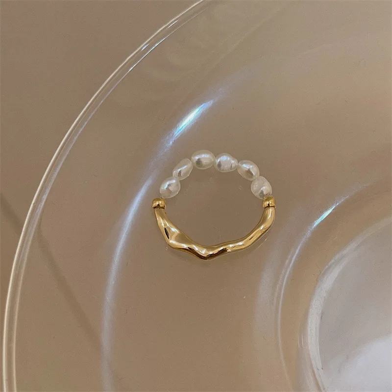 

Fashion 18K Gold Geometric Jewelry Adjustable Elastic Rope Pearl Ring For Women