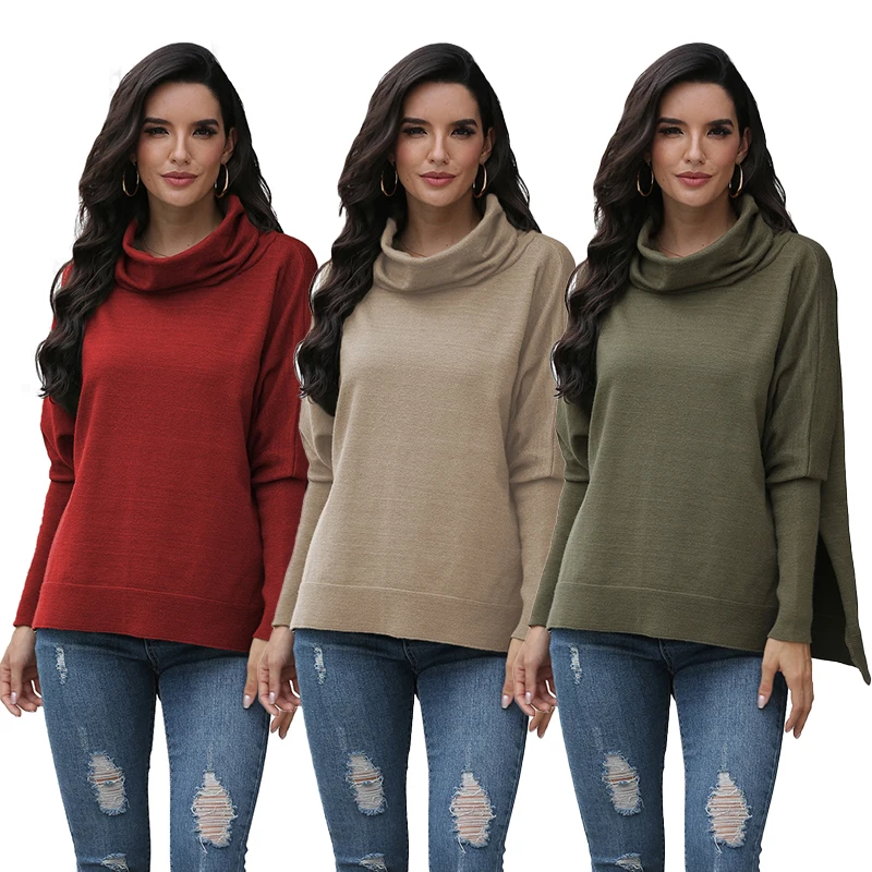 

Wholesale 2021 ladies fashion tops solid color long sleeve turtleneck knitted pullover sweater for women clothing, 3 colors