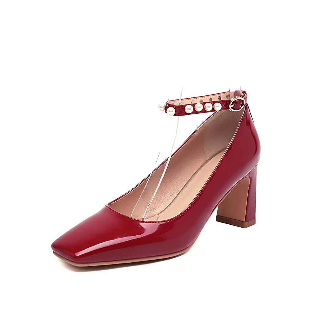 

New Square Toe Red Black Patent Leather Pearl Ankle Strap Buckles Ladies High Heels, Black/apricot/red