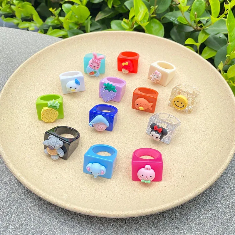 

2021 Cartoon Animal Cute Chunky Acrylic Rings For Girls Fashion Jewelry Colorful Resin Vintage Women Rings Gifts, 13 colors