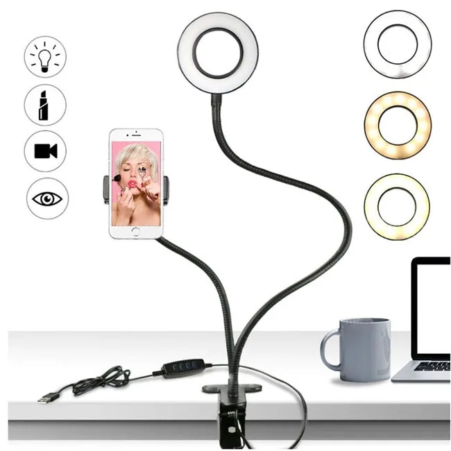 

Youtube Video Round Live Broadcast Stick Selfie Ring Light With Cell Phone Holder Stand Ring Light With Upgraded, Black pink white