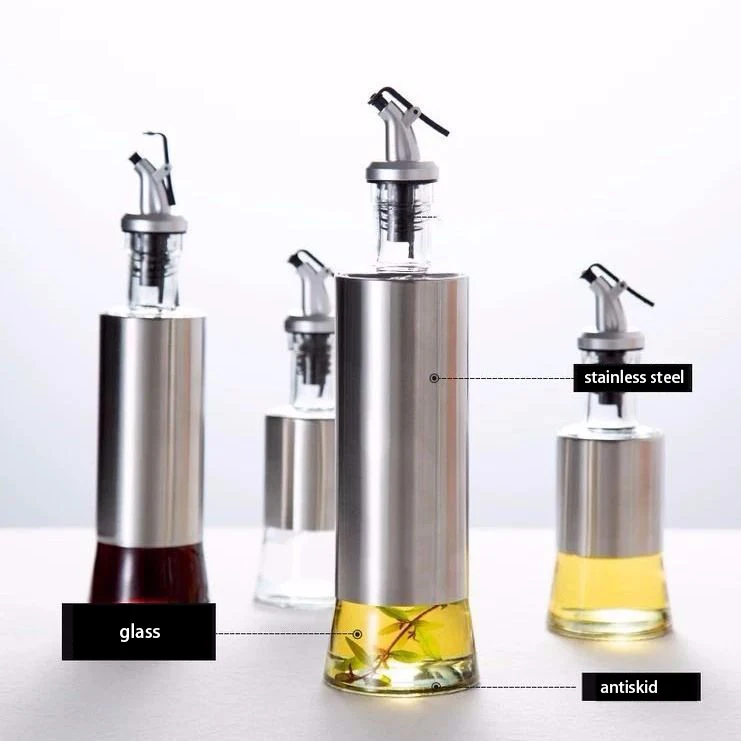 

A3726 Home Kitchen Stainless Steel Oil Can Leakproof Seasoning Lecythus Vinegar Soy Sauce Glass Condiment Bottle Set