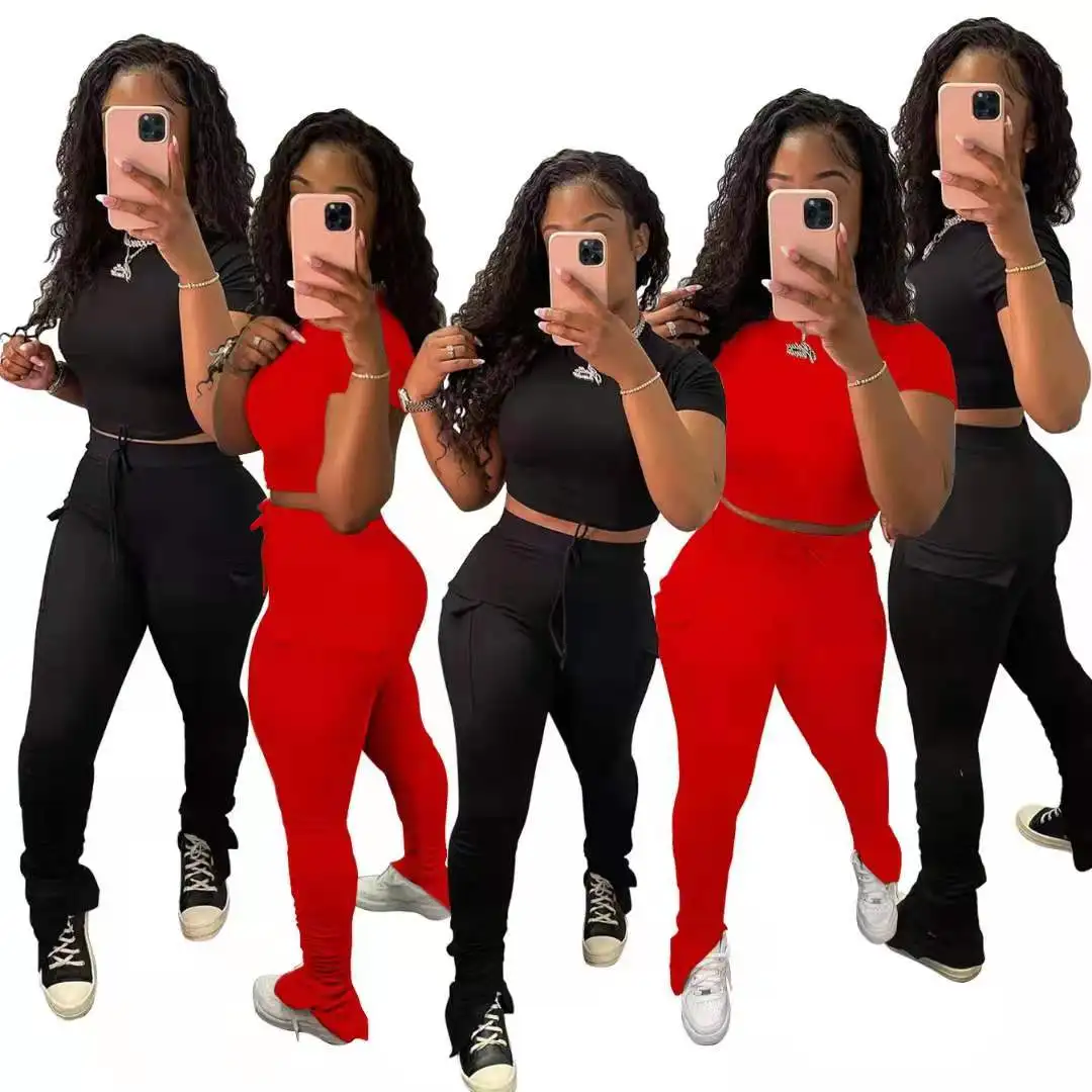 

Summer 2021 hot sale elegant two piece set women short sleeve tshirt and slit pants set casual style, 3color as picture