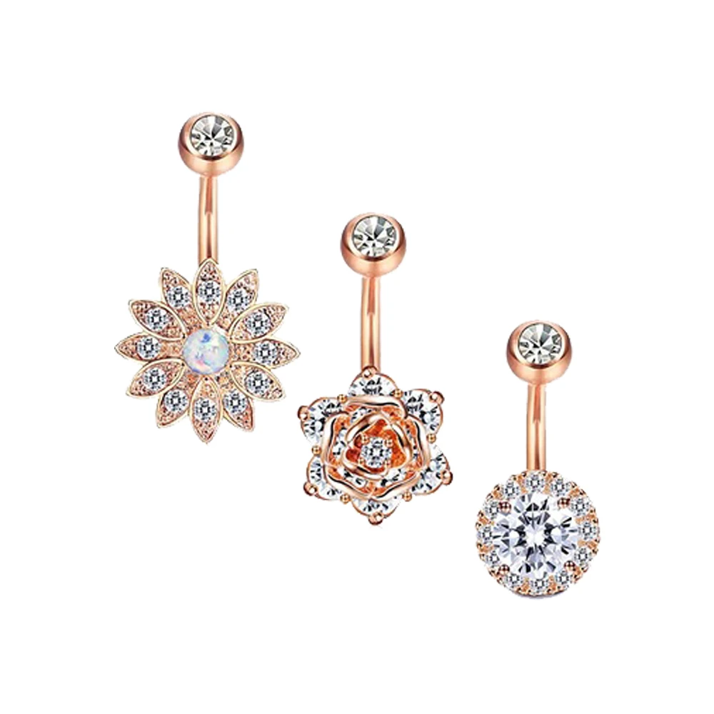 

3Pcs/Set 14G Zircon Opal Flower 316L Stainless Steel Belly Button Rings Women Barbell Navel Rings Bar Body Jewelry, Rose gold,silver