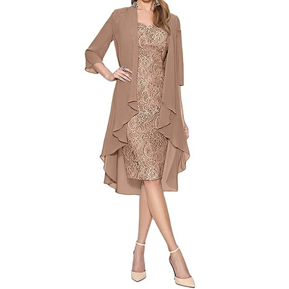 

Spring Fashion Two Piece Set Lace Midi Women Evening Party Gowns Mother of the Bride Dresses For Wedding