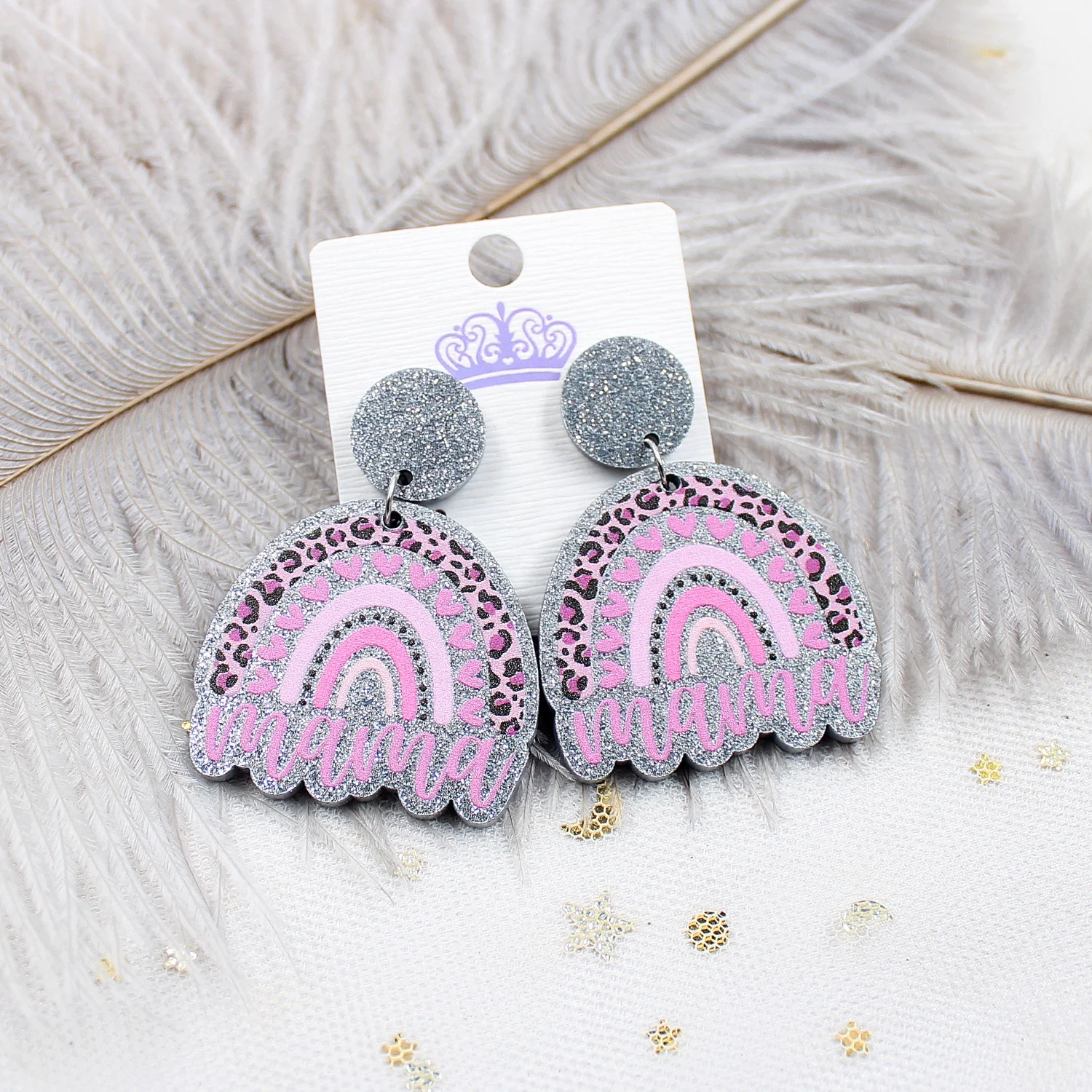 

ERS004ER1025 Acrlylic Rainbow Mama Dangle Earring Mother's Day Heart Earrings Mom Gift Glitter Acrylic Earrings