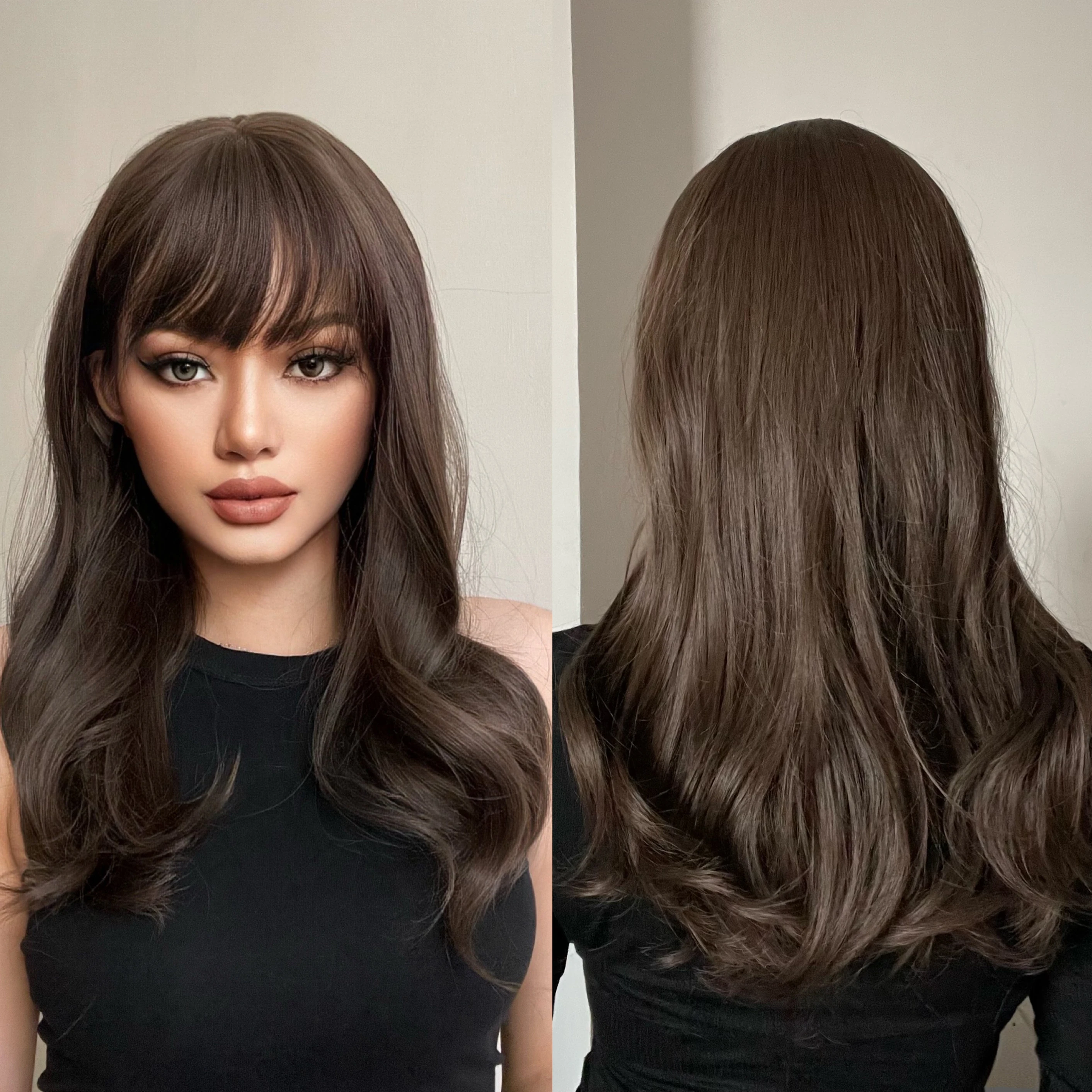 Factory Outlet 24 Inches Synthetic Dark Brown Wig with Bangs for Women Natural Long Water Wavy Hairstyle Heat Resistant Fiber