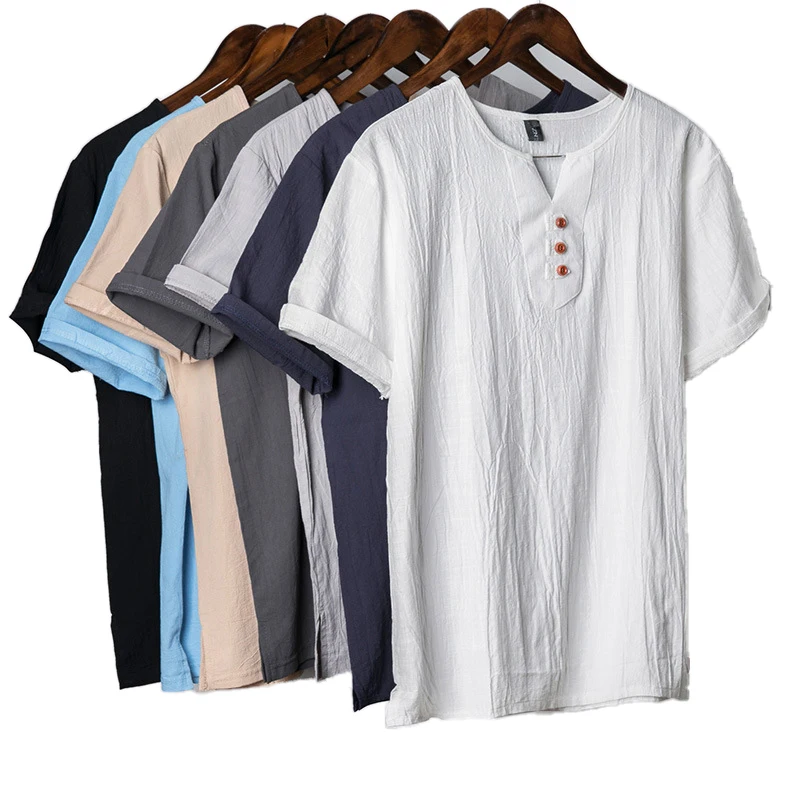 

High Quality Hemp Fabric Summer Men's Clothing Casual Wear V Neck Plus Size 5XL Linen T Shirt For Men