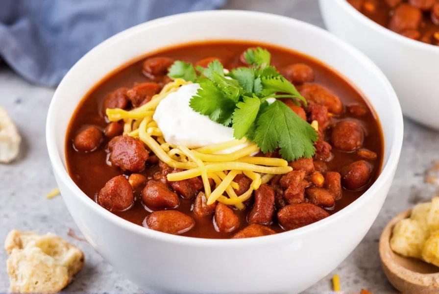 Finished bowl of homemade chili from scratch with toppings including sour cream, shredded cheese, and fresh cilantro