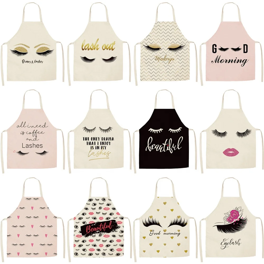 

Latest Design Cotton And Linen Sleeveless Apron Printed Eye Lash Pattern Wear-resistant Home Apron, Picture shows