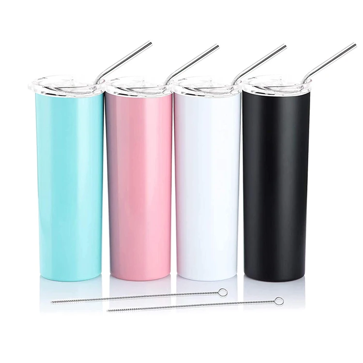 

Stainless Steel 20 Oz Skinny Tumblers Double Wall Insulated Straight Blank Tumbler With Straw And Brush, Black white golden yellow blue gradient or custom