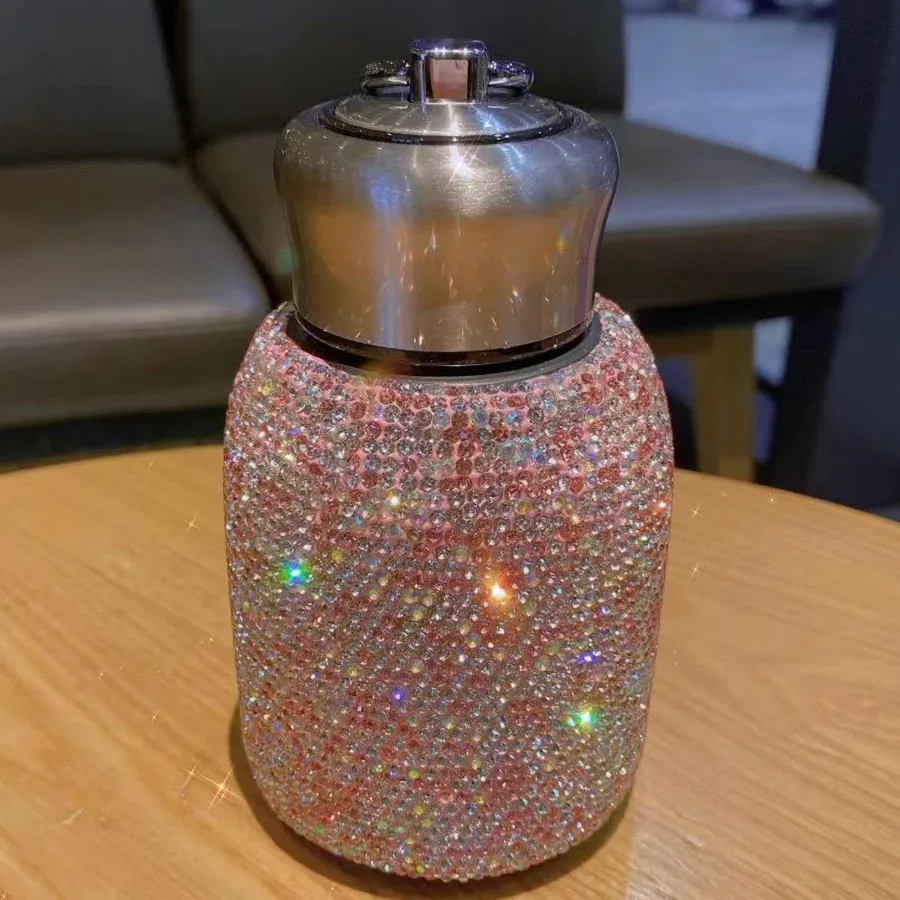 

New Girl Rhinestone Diamond Crystal Luxury Cute Mini Portable Stainless Steel Water Bottle Vacuum Flask With Chain, As picture
