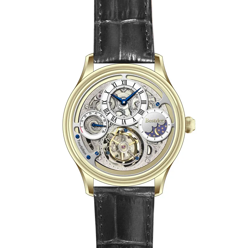 

Bestdon BD7197G Luxury 18K Gold Mens Genuine Leather Automatic Movement Tourbillon Watch