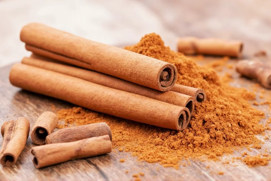 Ceylon cinnamon sticks and powder on wooden background