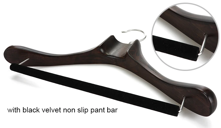 Boutique Customized Heavy Duty Luxury Garment Rack Extra-Wide Shoulder Wooden Suit Hanger with Velvet Pants Bar