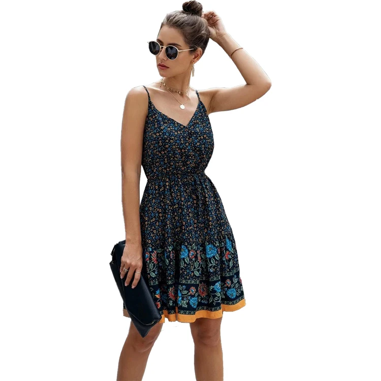 

Latest Design Holiday Light Weight Printed Sleeveless V-Neck Sexy Beach Boho Summer Dress