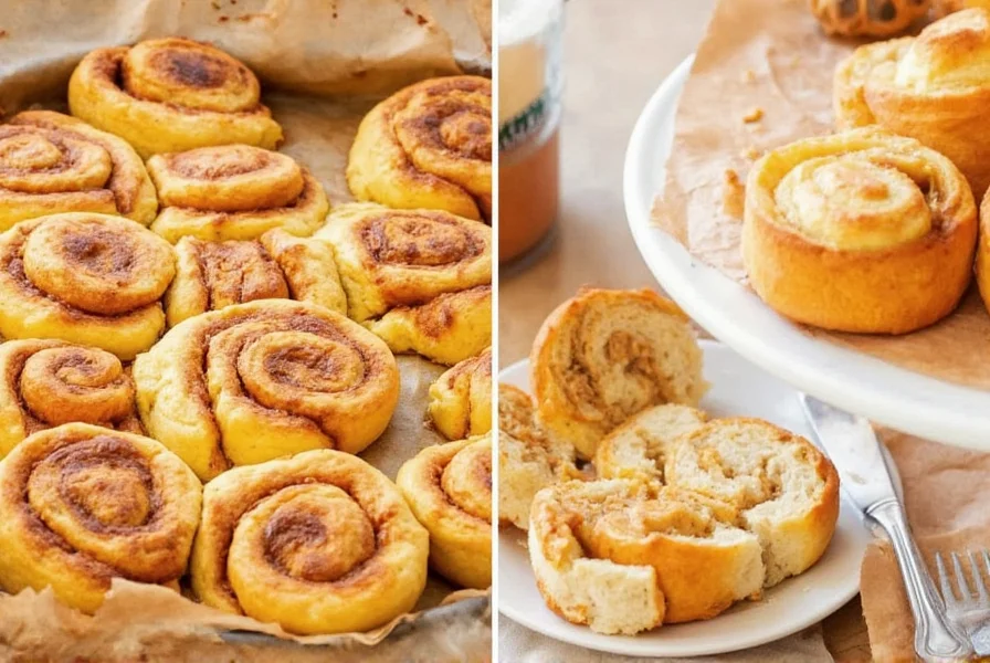 Professional food photography of golden-brown pumpkin cinnamon rolls with cream cheese frosting dripping down the sides, fresh from the oven on a rustic wooden table