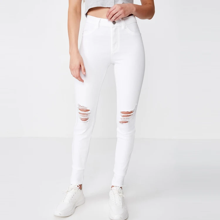 White High Waist Skinny Ripped Jeans 