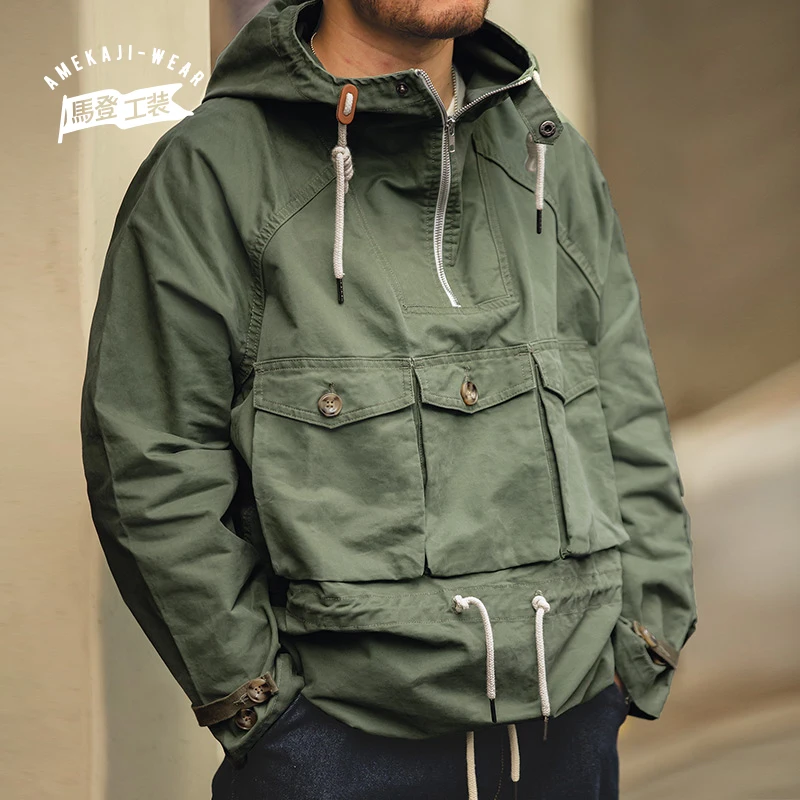 

Maden Military Tank Pockets Hooded Pullover Men Workwear Ribbon Jackets Hoodies Sweatershirt Sport Vintage Casual Frock Coats