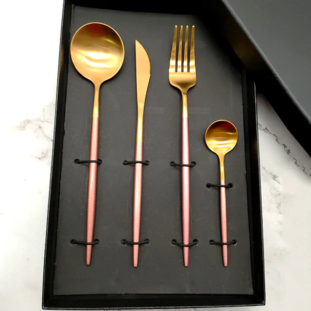 

Portugal Stainless Steel 304 Cutipol Matte Gold Plated Pink Handle Cutlery Set, Gold and pink