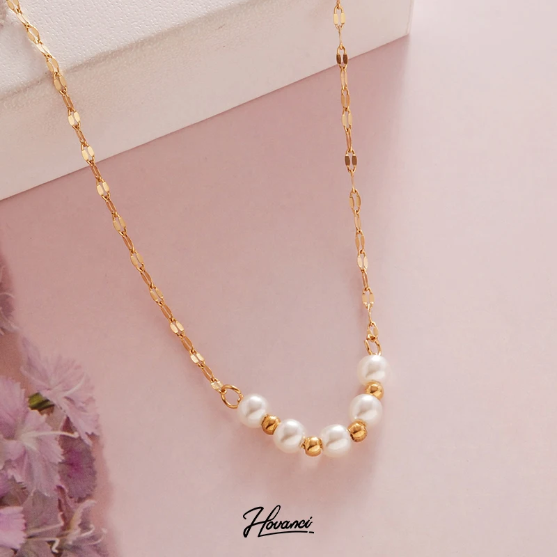 

HOVANCI Stainless Steel Women 18k Gold Plated Waterproof Graduated Pearl Bead Choker Link Chain Necklace for Women