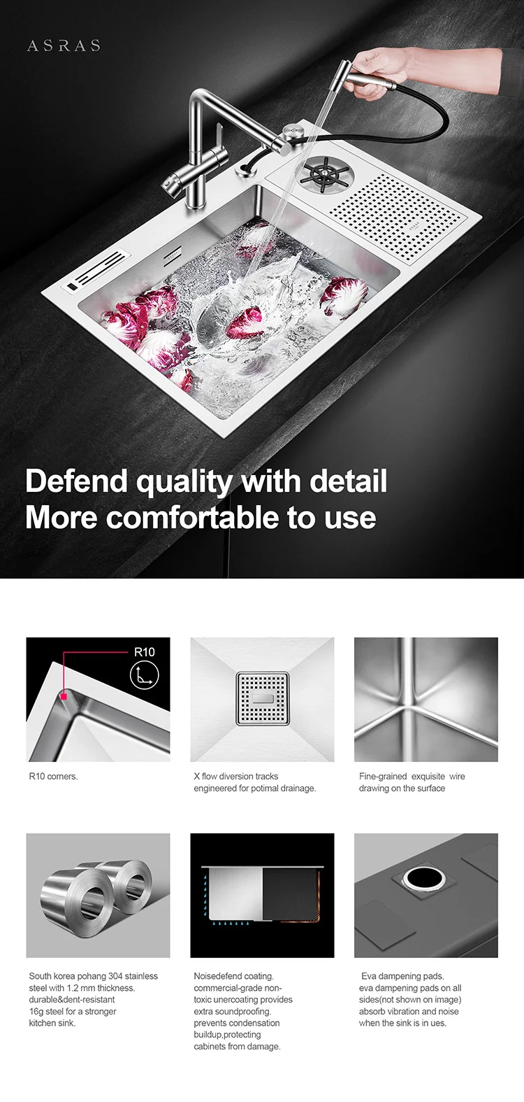 Asras Sus304 Handmade Kitchen Sink Fine Brushed Cuprinser Glass Water