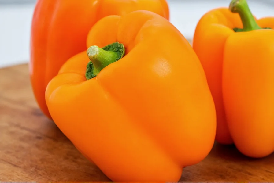 Close-up view of vibrant orange bell peppers showing their smooth skin and three-lobed shape on a wooden cutting board