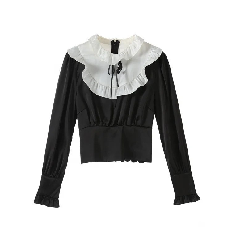 

Autumn Newest Design Women Long Sleeves Solid Neckline Ruffle Tops And Blouses, Black or customized