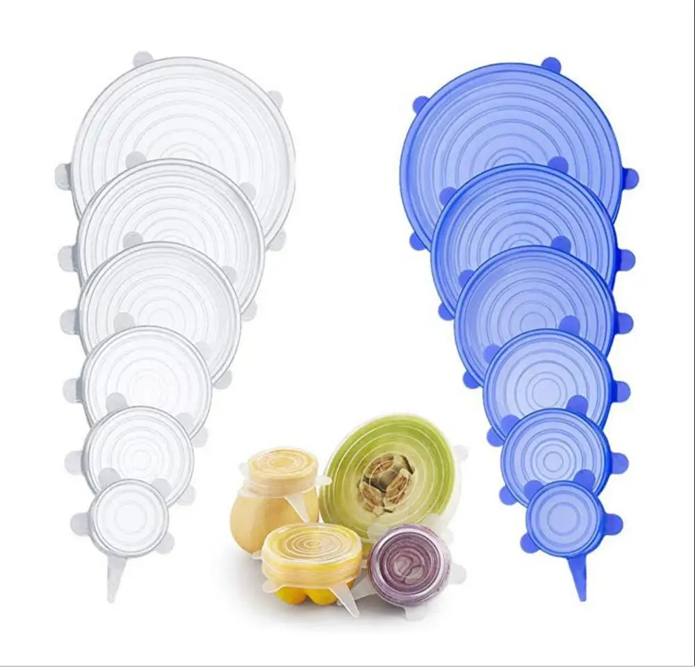 

6PCS Silicone Stretch Lids Universal Silicone Food Wrap Bowl Pot Lid Silicone Cover Pan Cooking Kitchen Accessories, Blue/clear/yellow/rose red