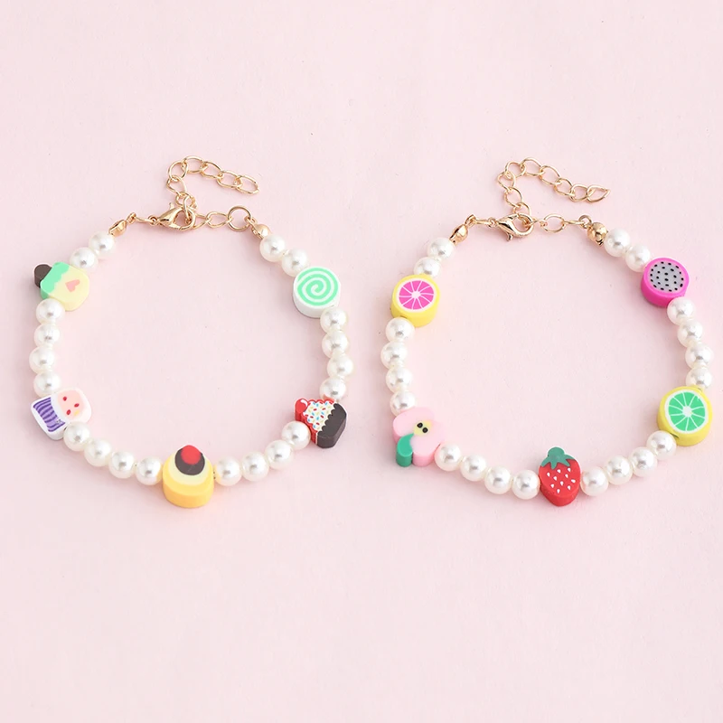 

Wholesale Fashion Colourful Cartoon Fruit Food Adjustable Braided Bracelet Pearl Bracelet For Girls